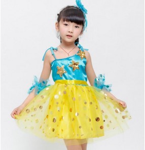 Yellow turquoise patchwork sequined girls kids children flower girls performance school play modern jazz dance dresses outfits